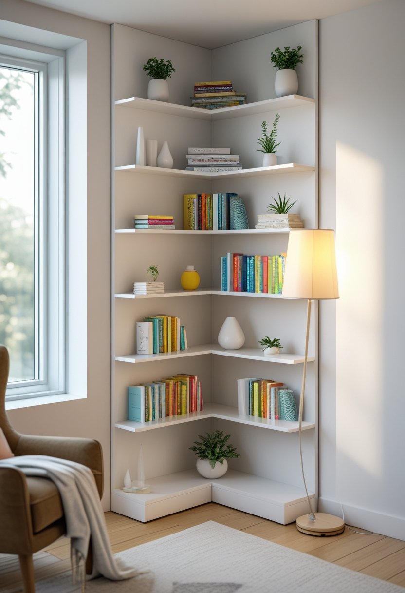 A corner bookshelf with white shelves filled with books and decorations next to a comfortable armchair and floor lamp in a cozy room.